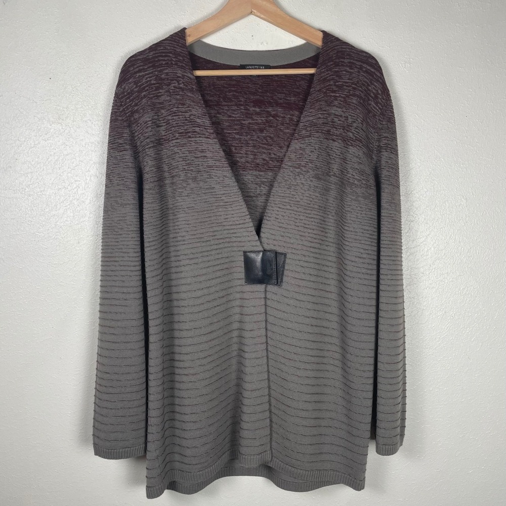 Lafayette 148 New York‎ Womens Wool Ombre Cardigan Sweater Burgundy Grey Large